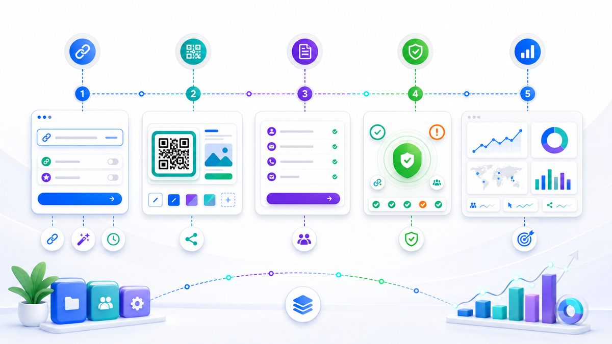 ShortUrl.bot workflow visual showing link creation QR publishing form response safety inspection and analytics stations